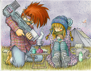 Original Megatokyo hand colored art: Camping t3h R3sp3wn P0t