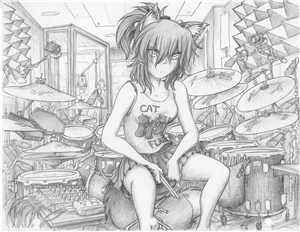 Original Megatokyo Pencil Drawing: Sawatari Ashe in her Studio
